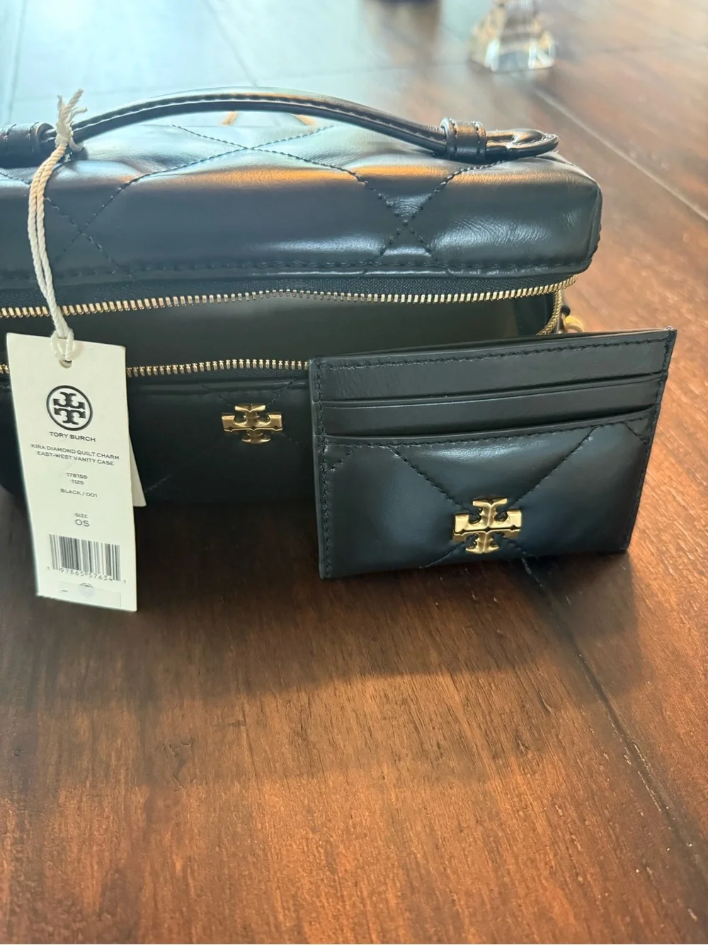 Tory Burch Black Quilted Leather Top-Handle Cosmetic Case with Gold Hardware